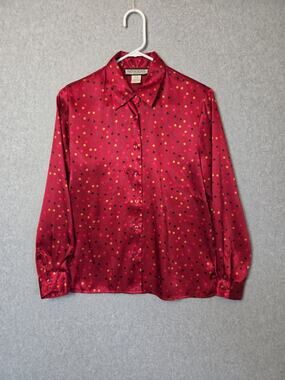 Notions Satin Red Confetti Polka Dot LS Button Up Blouse Women's Petite Medium